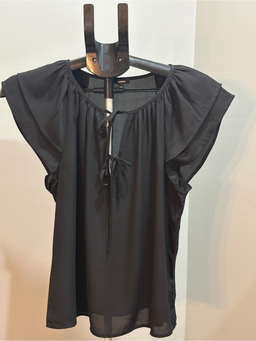 Express Black Tie-Neck Flutter Sleeve Blouse